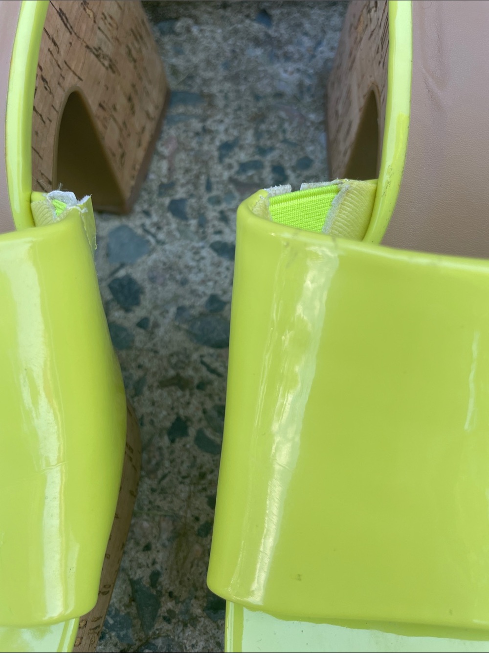 BAMBOO Neon Yellow Patent Cork Platform Slide Sandals - Picture 3 of 5